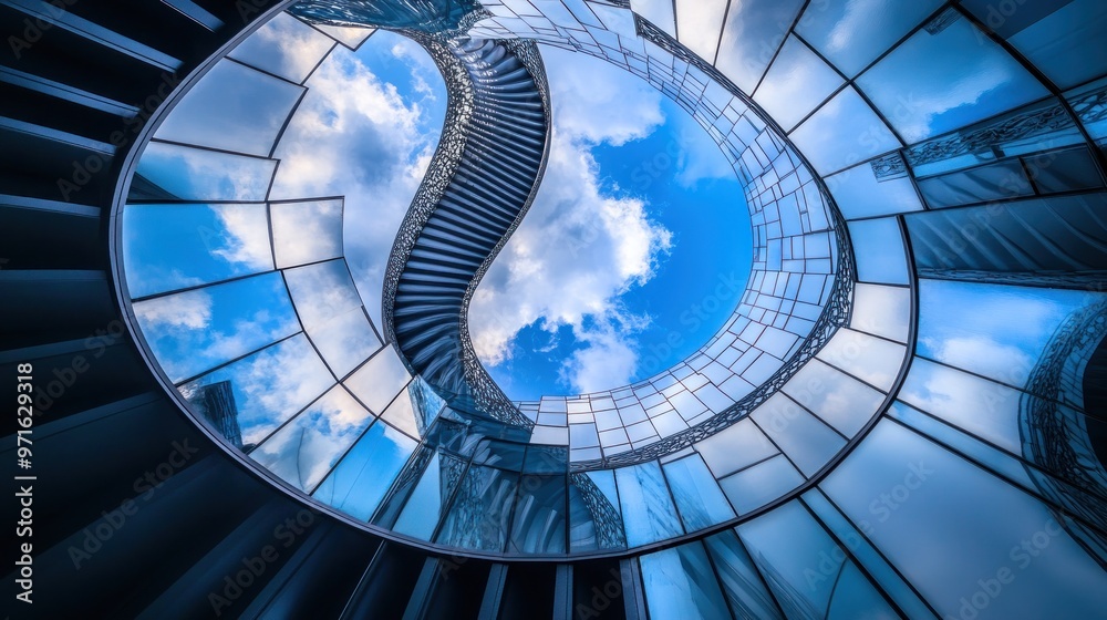 Naklejka premium A spiraling staircase framed by glass and clouds, creating a dynamic architectural perspective.