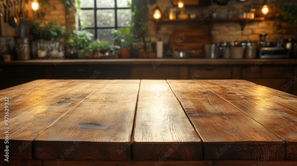 an empty wooden table with a blurred kitchen bench background. an empty wooden table with a blurred kitchen bench background.