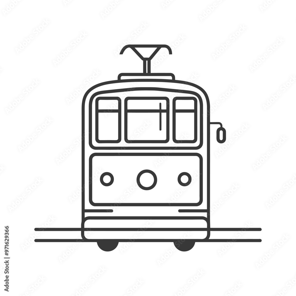 Black and white line drawing of a tram on tracks Black and white line drawing of a tram on tracks