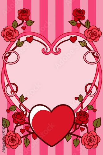 Heart Frame with Roses and Striped Background, Romantic Valentine’s Day Illustration