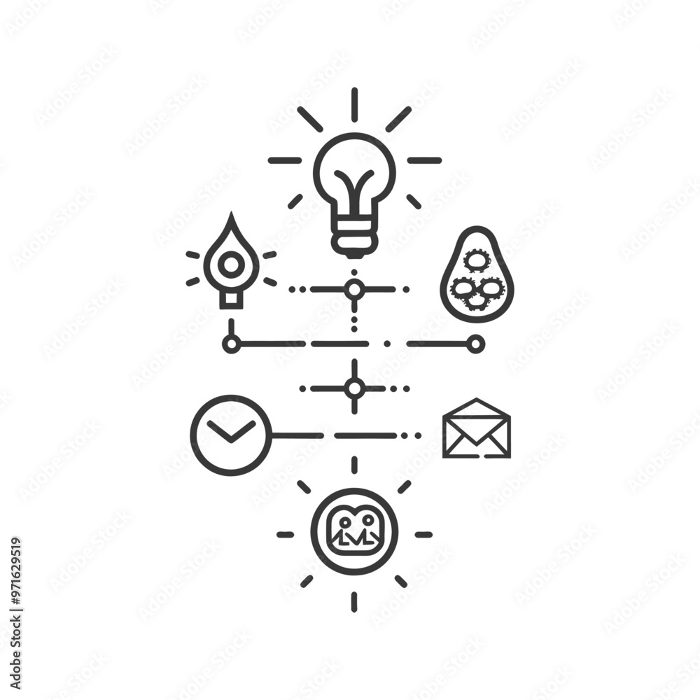 Black and White Line Drawing of Idea Concept with Light Bulb Clock Envelope and Gears Black and White Line Drawing of Idea Concept with Light Bulb Clock Envelope and Gears