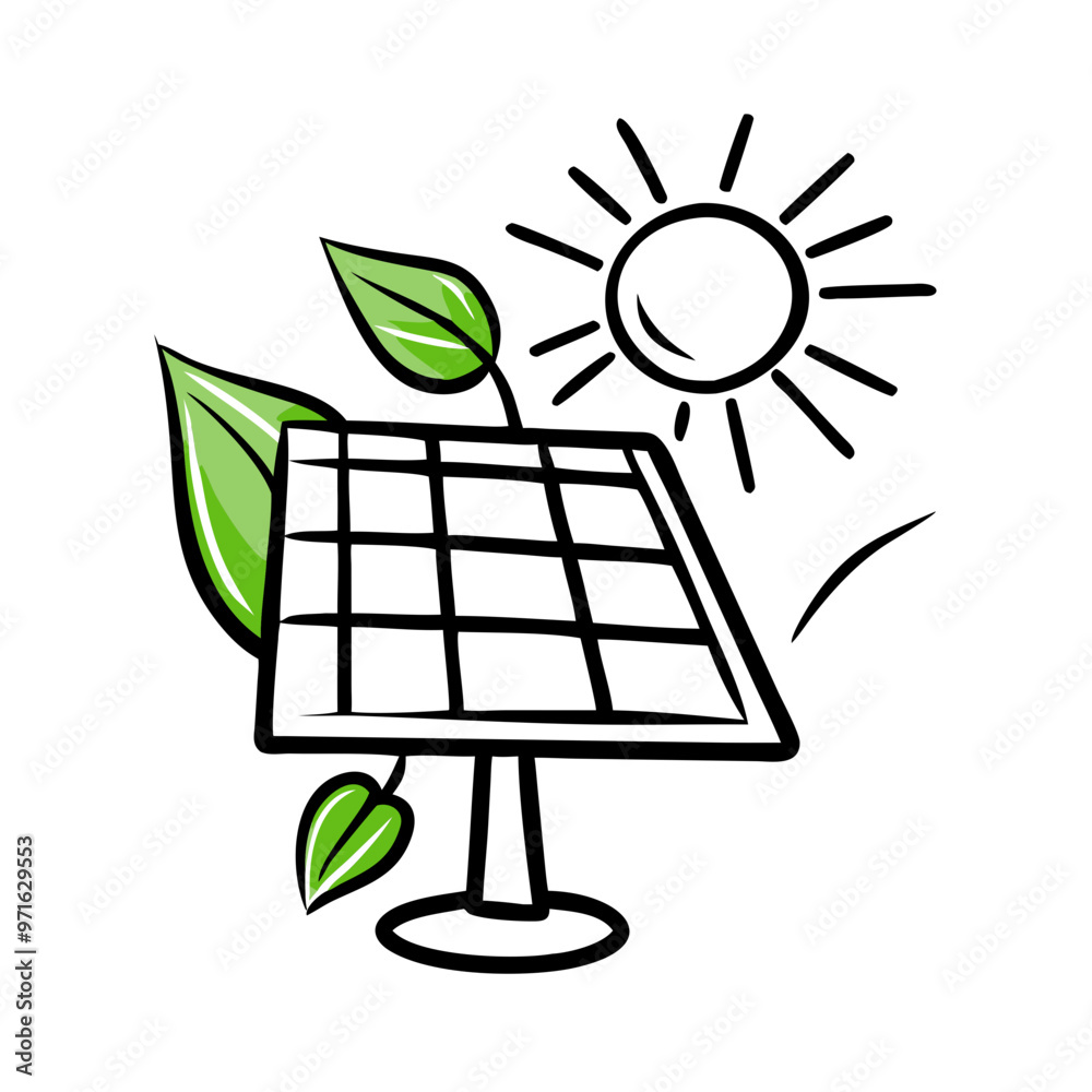 Solar panel icon with sun and green leaves Solar panel icon with sun and green leaves