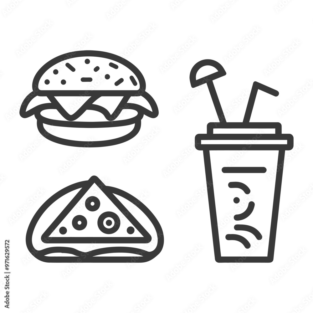 Black and White Line Drawings of a Burger Pizza Slice and a Drink Black and White Line Drawings of a Burger Pizza Slice and a Drink