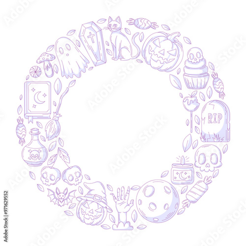 Halloween minimalist vector design, round frame with space for text in the middle. Geometric shape with spooky icons. Flat illustration for greeting card, invitation, print, social media, poster