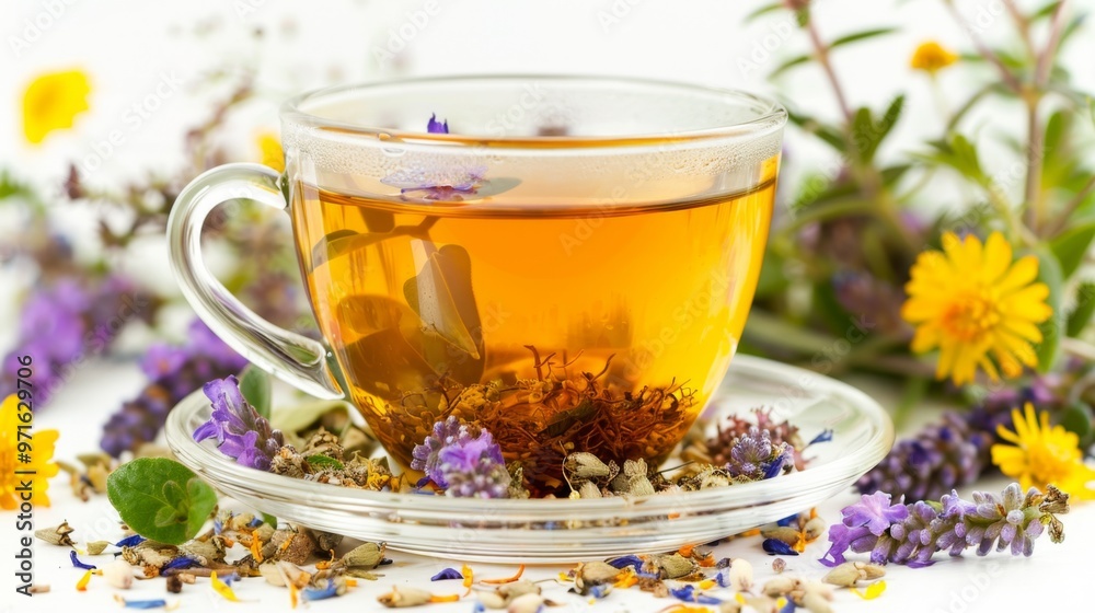 Fototapeta premium Aromatic Herbal Tea in Clear Glass Cup with Flower Decoration