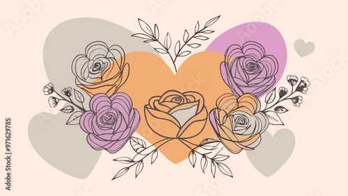 Heart with Roses and Leaves, Pastel Illustration, Love and Romance Concept