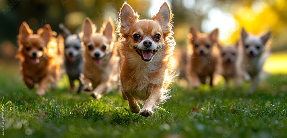A group of small dogs running in a field. The dogs are all brown and appear to be happy A group of small dogs running in a field. The dogs are all brown and appear to be happy