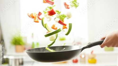 photo of hands holding a frying pan on which vegetables fly up while cooking