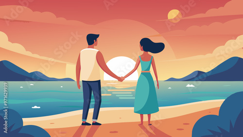 Couple Holding Hands Watching Sunset on Beach, Romantic Illustration, Scenic View