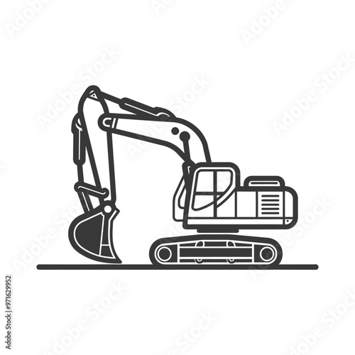Black and White Outline Illustration of an Excavator