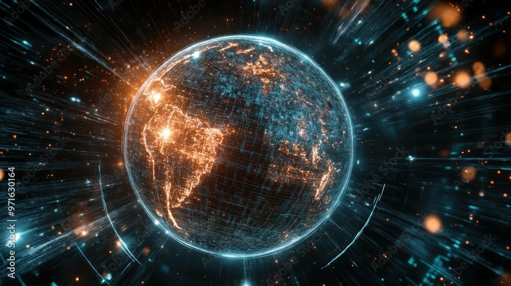 Obraz premium A digital representation of Earth with glowing lines and particles, symbolizing technology and connectivity.