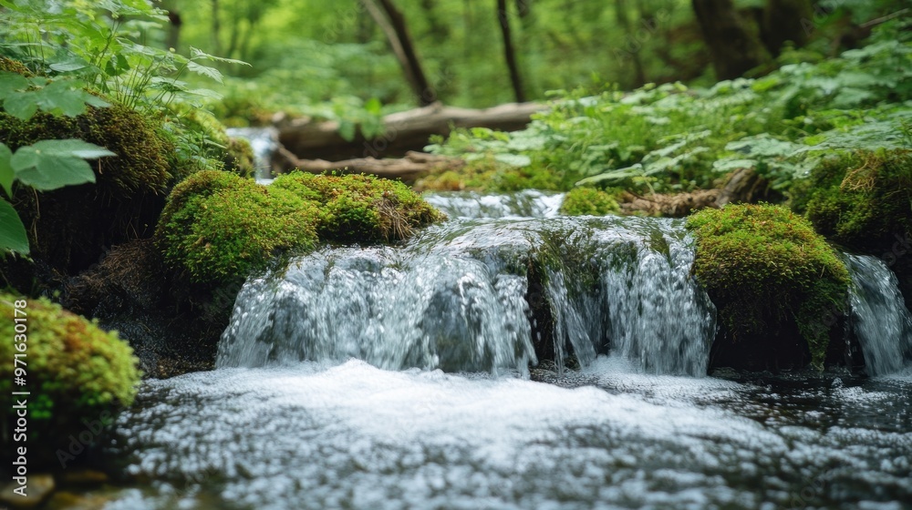 A serene stream flowing over moss-covered rocks in a lush green forest. A serene stream flowing over moss-covered rocks in a lush green forest.