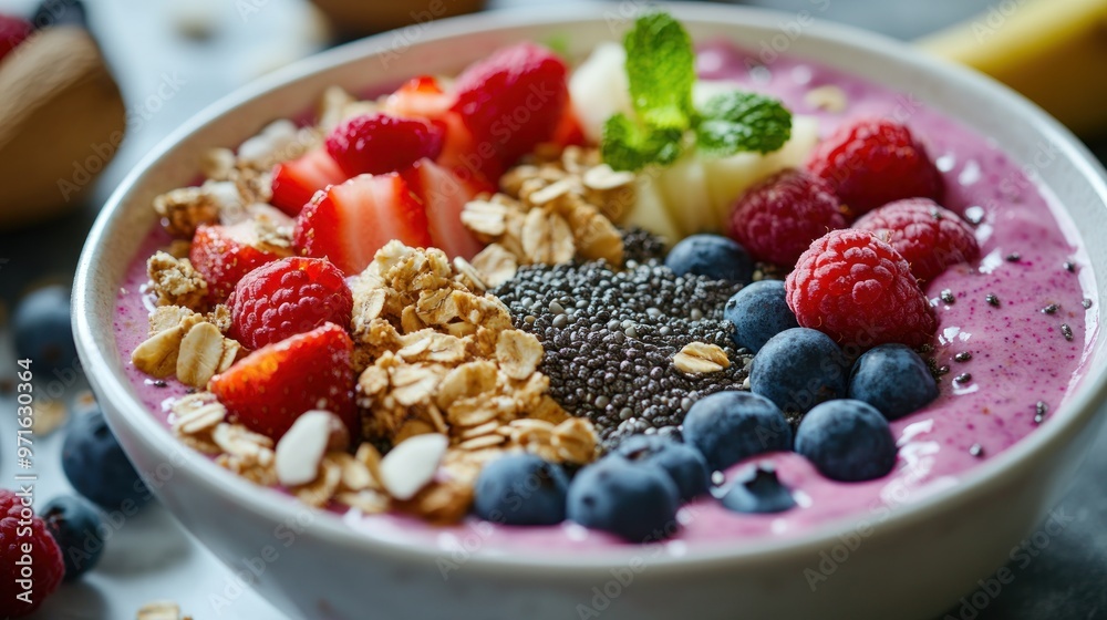 A vibrant smoothie bowl topped with fruits, granola, and seeds for a healthy breakfast. A vibrant smoothie bowl topped with fruits, granola, and seeds for a healthy breakfast.
