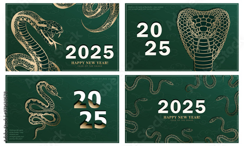 Set of 4 banners with linear hand-drawn Asian snakes as a symbol of 2024 New Year. Greeting cards with golden snake as Chinese traditional horoscope sign. Luxury vintage posters for Christmas holiday