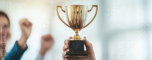 A golden trophy held high in celebration, symbolizing success and achievement in a competitive environment with joyful participants.