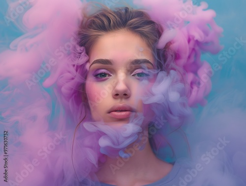 Young woman surrounded by a purple pink cloud of smoke