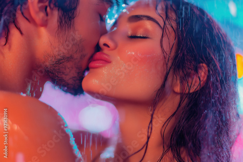 Romantic naked heterosexual couple sharing a kiss under rainfall at night with glowing colorful lights
