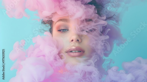 Young woman surrounded by a purple pink cloud of smoke