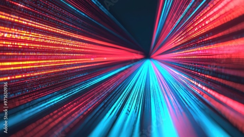 Dynamic light beams radiate in vibrant colors  creating a mesmerizing visual effect that symbolizes energy and innovation.