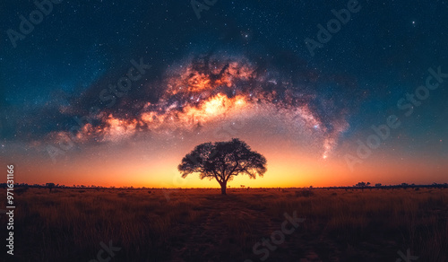 A tree stands in a field of grass under a starry sky. The sky is filled with stars, and the tree is the only object in the scene