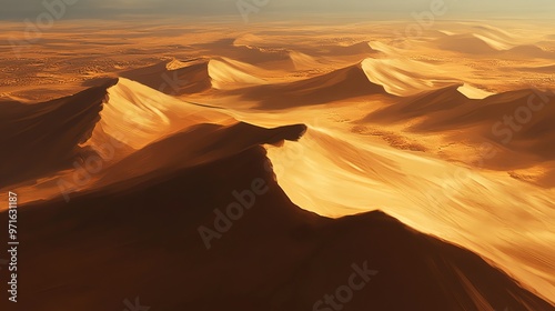 Aerial view of a golden desert landscape with rolling sand dunes at sunset.