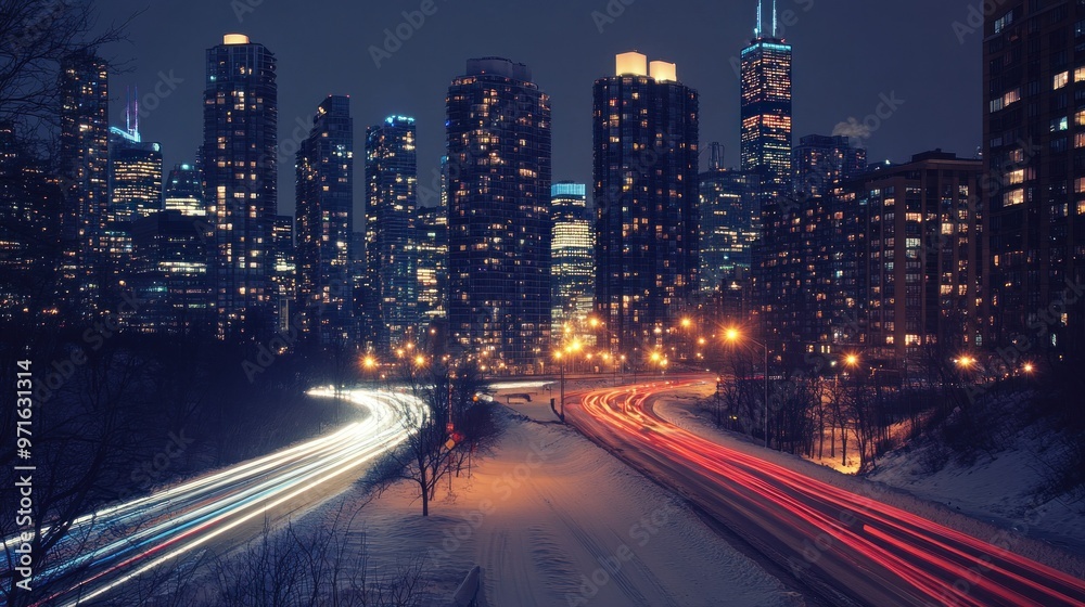 Obraz premium A nighttime cityscape with illuminated skyscrapers and light trails from vehicles on a highway.