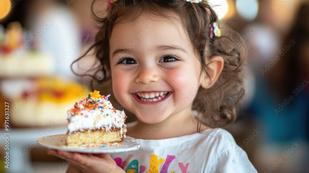 A joyful child holding a slice of cake with colorful sprinkles, smiling brightly. A joyful child holding a slice of cake with colorful sprinkles, smiling brightly.