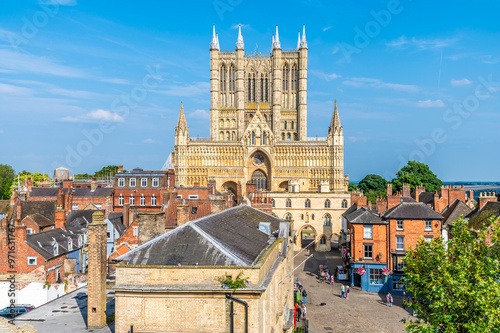 A direct face on view of the cathedral district towards the cathedral in Lincoln, Lincolnshire in summertime