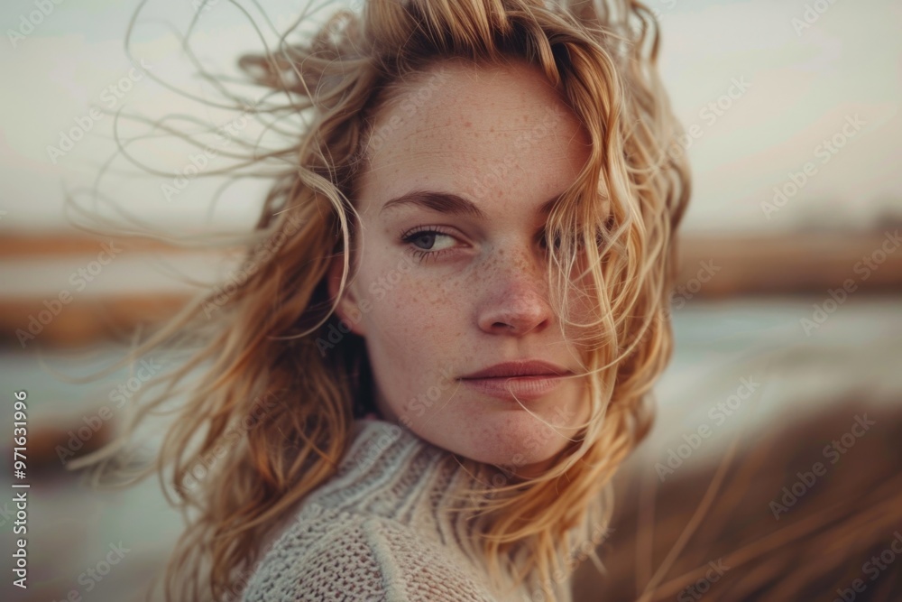 Contemplative woman in nature with wind-swept hair AI Contemplative woman in nature with wind-swept hair AI