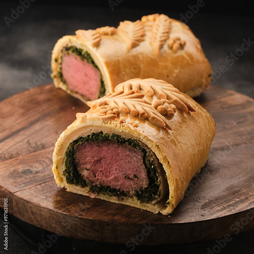 Gourmet beef wellington on wooden board photo