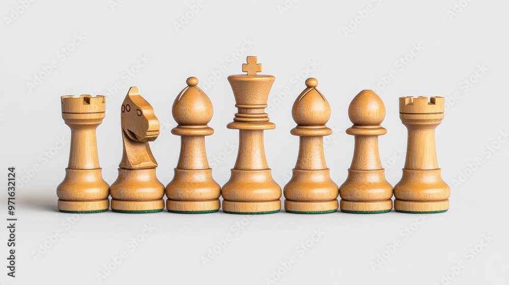 A lineup of wooden chess pieces arranged neatly on a white background. A lineup of wooden chess pieces arranged neatly on a white background.