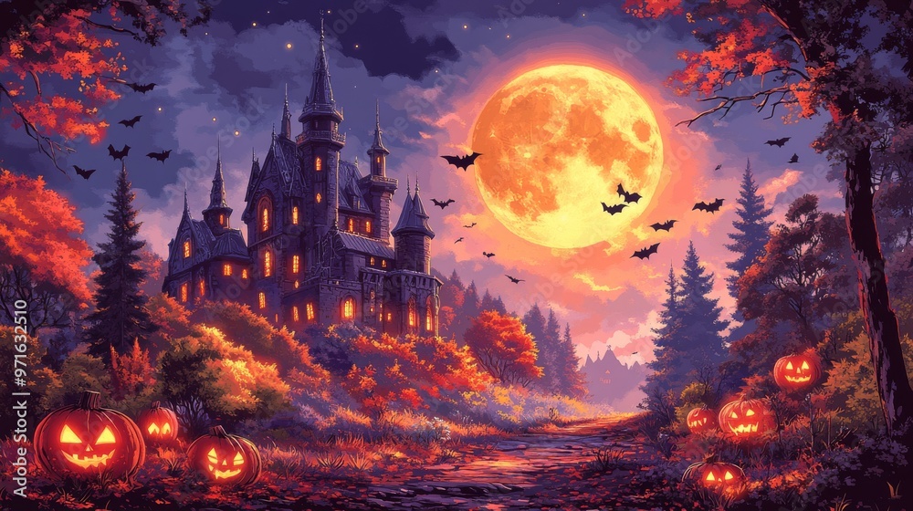 Spooky old medieval castle: Ancient eerie castle on mountain, swarm of bats and full moon behind. Halloween, horror, fairytale background concept. Spooky old medieval castle: Ancient eerie castle on mountain, swarm of bats and full moon behind. Halloween, horror, fairytale background concept.