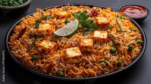 A beautifully arranged paneer biryani platter with saffron rice, paneer cubes, and spices