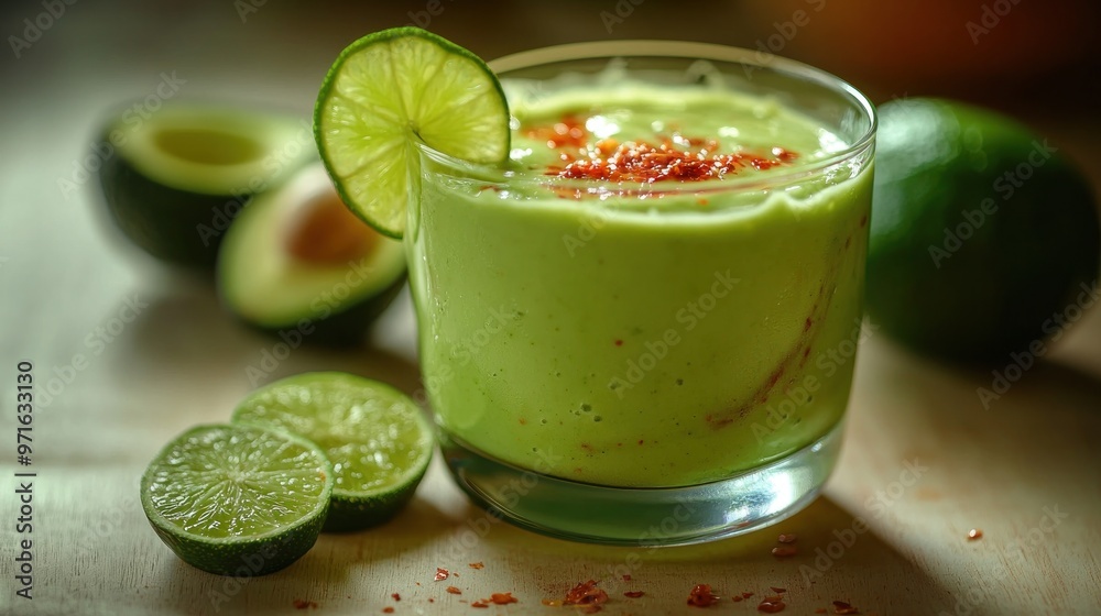 A refreshing green avocado drink garnished with lime and spices. A refreshing green avocado drink garnished with lime and spices.