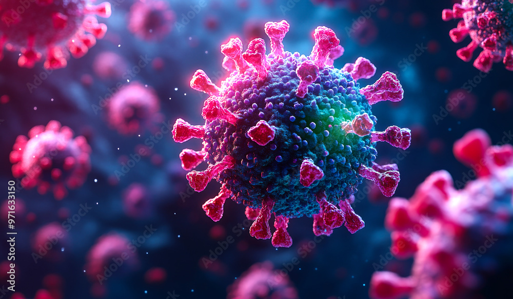 A close up of a virus with pink and blue colors. The virus is surrounded by other viruses, creating a sense of chaos and danger A close up of a virus with pink and blue colors. The virus is surrounded by other viruses, creating a sense of chaos and danger