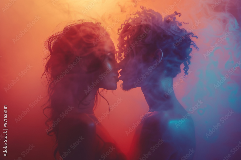 Romantic kiss between two naked lovers shrouded in colorful smoke at sunset Romantic kiss between two naked lovers shrouded in colorful smoke at sunset