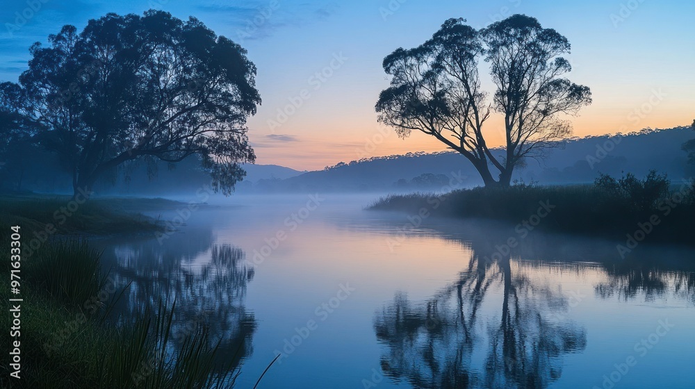Serene river landscape at dawn with reflections and misty trees. Serene river landscape at dawn with reflections and misty trees.