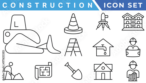 construction simple line isolated icon collection. Editable Stroke. Repair, Renovation, Work Tools, Materials