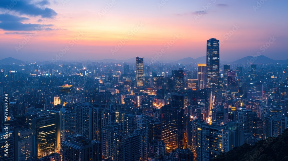 Obraz premium A vibrant city skyline at dusk, showcasing urban lights and towering buildings.