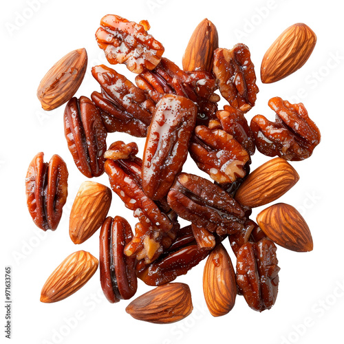 Candied pecans and almonds, isolated on transparent background. PNG element.