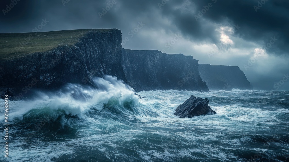 Dramatic coastal scene with crashing waves and dark, stormy skies over rugged cliffs. Dramatic coastal scene with crashing waves and dark, stormy skies over rugged cliffs.