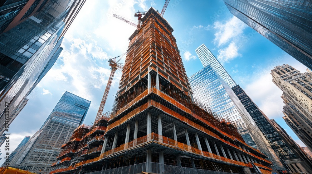 Fototapeta premium A tall construction site surrounded by skyscrapers under a cloudy sky.