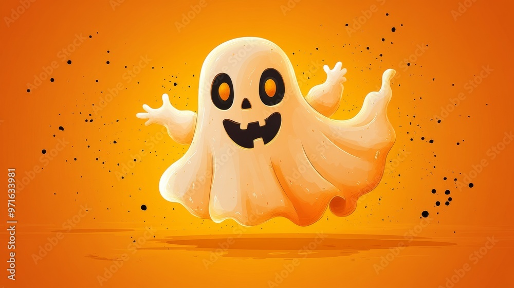Obraz premium Halloween ghost, cute illustration of floating white ghost on orange background. Celebration. October. Trick or treat.