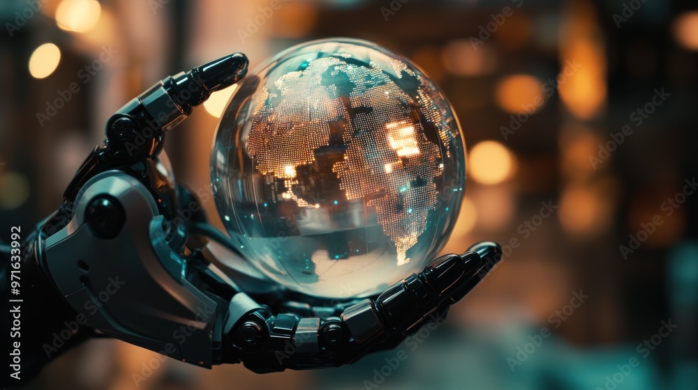 A robotic hand holding a transparent globe, symbolizing technology and global interconnectedness. A robotic hand holding a transparent globe, symbolizing technology and global interconnectedness.