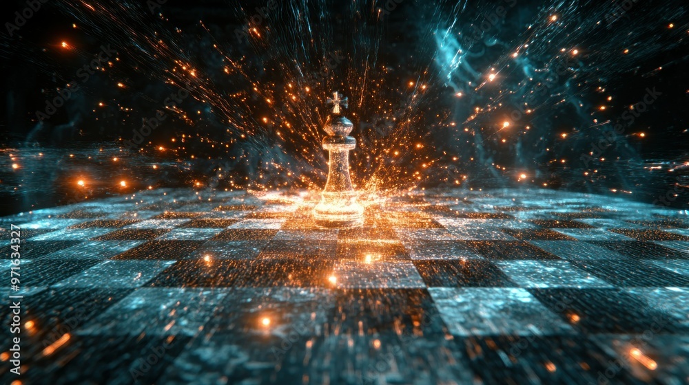 Obraz premium A glowing chess piece amidst a dynamic, energetic background, symbolizing strategy and competition.