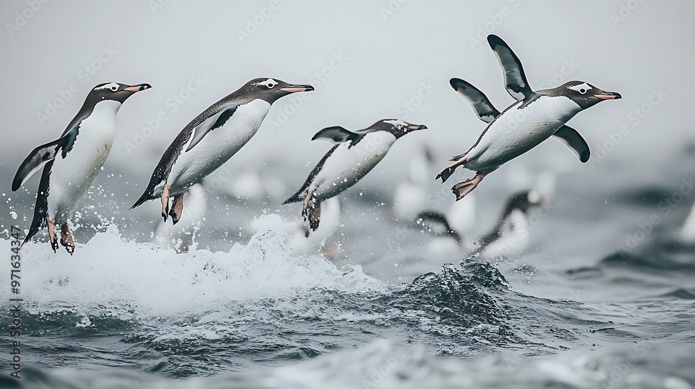 Obraz premium A group of penguins diving into the icy waters of the Southern Ocean 