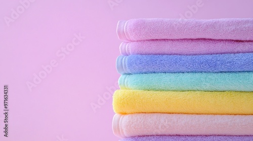 A stack of colorful towels arranged neatly against a pastel background.