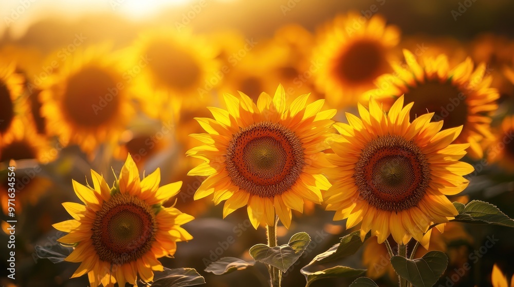 Fototapeta premium A vibrant field of sunflowers illuminated by warm sunlight during golden hour.