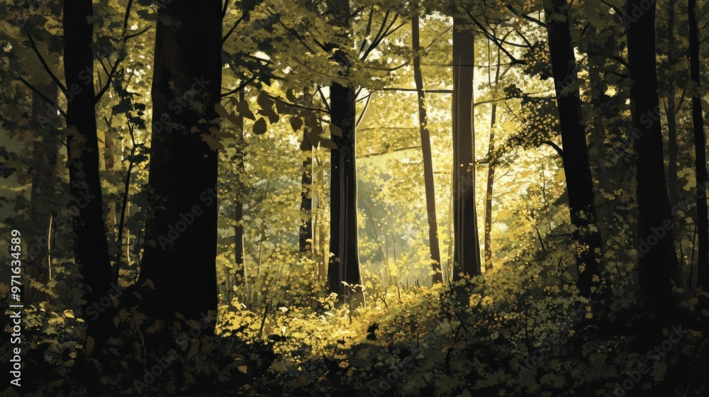 Fototapeta premium Sunlight Filtering Through Trees in a Dense Forest