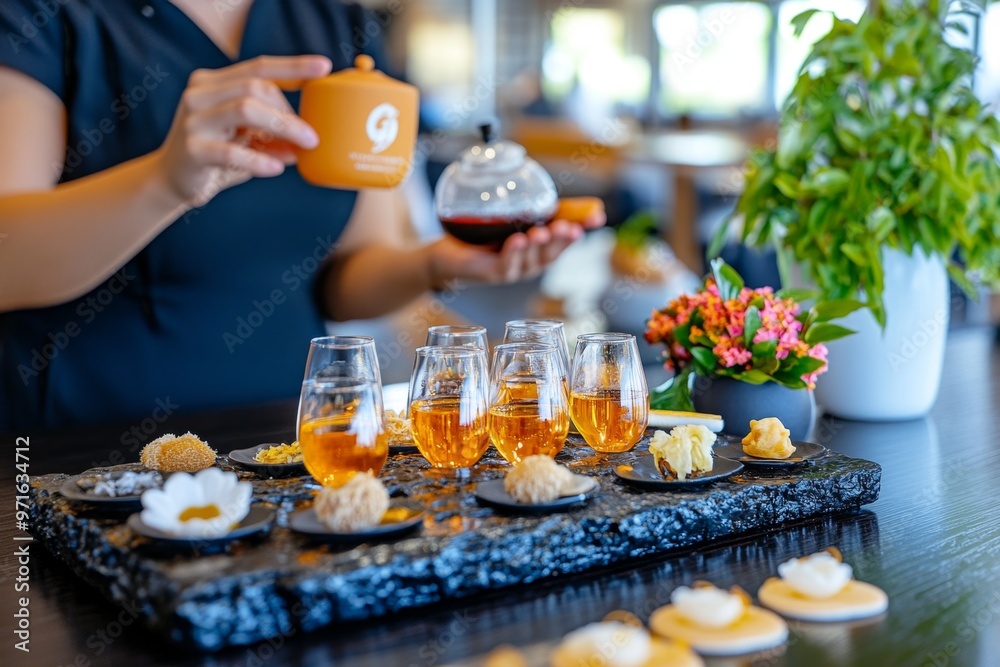 A tea sommelier hosting a tasting event, where guests learn to appreciate the subtle differences in flavor, aroma, and color A tea sommelier hosting a tasting event, where guests learn to appreciate the subtle differences in flavor, aroma, and color